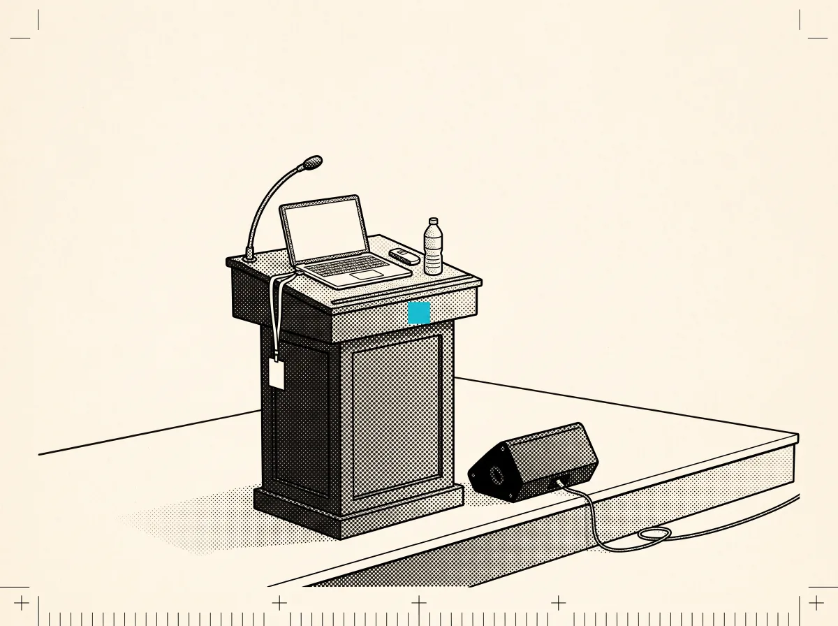 Pen and dot-screen drawing of an empty lectern on a stage, laptop open, microphone bent toward the absent speaker.